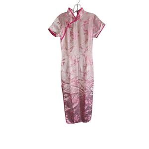 Pink Satin Cheongsam Qipao Dress Women Floral Oriental Silk Feel Maxi 51" Long